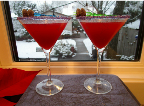 Pair of Sugar Plum Cocktails on a Snowy Day