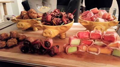 Three Little Pigs appetizer: Sausage balls; Bacon wrapped dates; Prosciutto wrapped melon