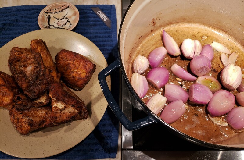 Brown chicken, then cook the shallots
