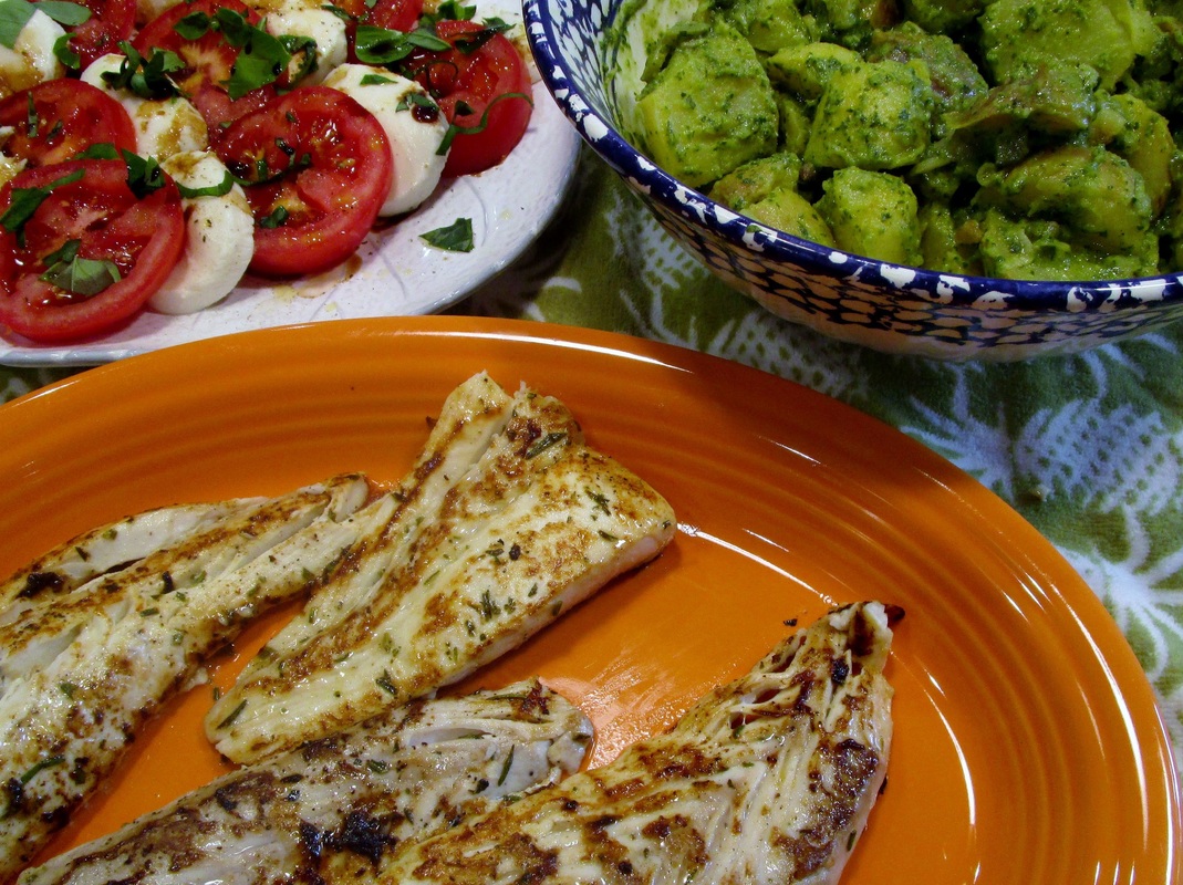 Lemon and Rosemary Grilled Halibut with Tangy Herb-y Baked Potato Salad