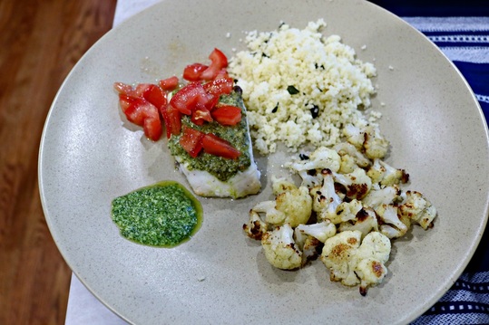 Baked Corvina with Pesto and Tomatoes