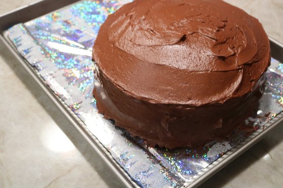 Chocolate Layer Cake with White Chocolate Mousse Filling and Chocolate Fudge Frosting