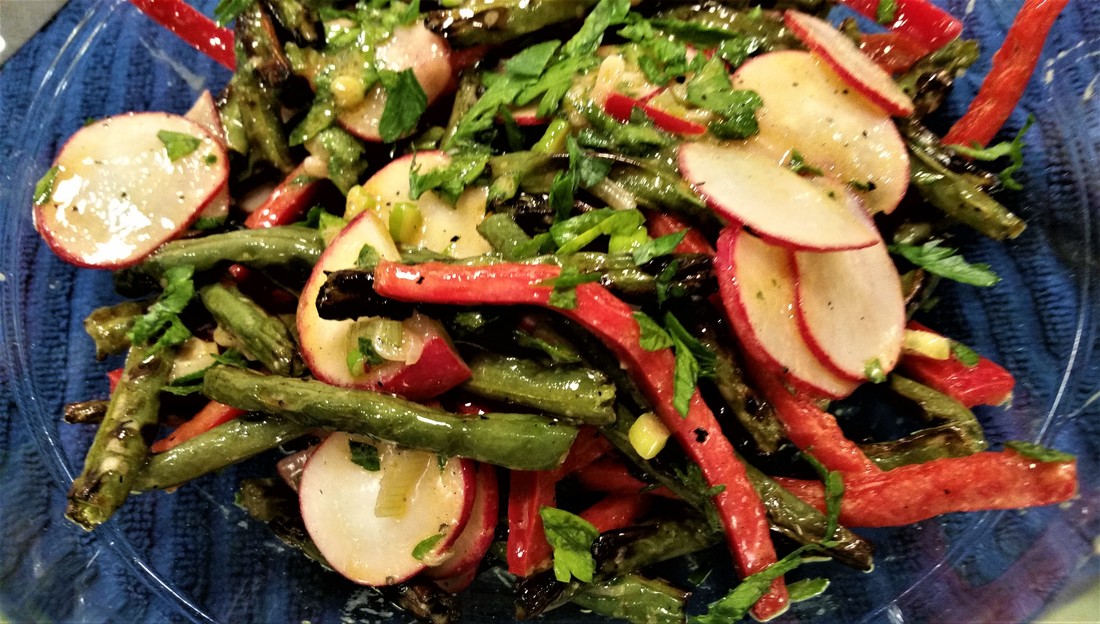 Grilled Green Beans with Red Peppers and Radishes