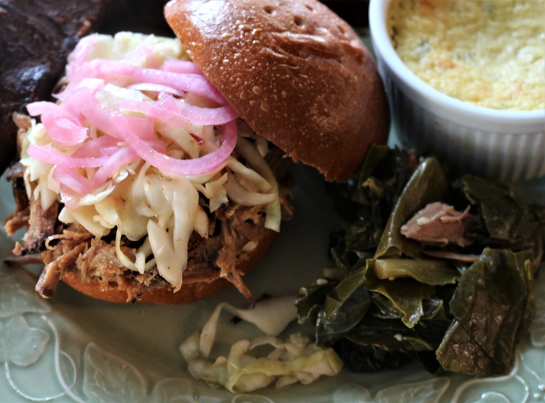 North Carolina Style Pulled Pork Sandwiches with Coleslaw and Pickled Onions