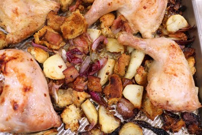 Sheet Pan Chicken with Sourdough and Bacon - Cooked and ready to serve