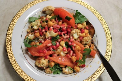 Warm Spiced Cauliflower with Chickpeas and Pomegranate Seeds