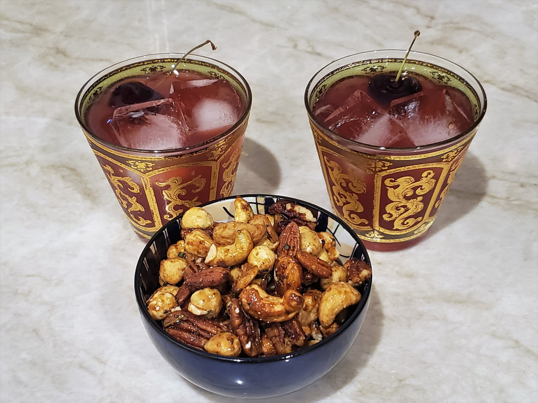 Tart Cherry Gimlets with Chipotle Rosemary Spiced Nuts