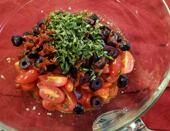 Roasted Black Sea Bass with Tomato Olive Salad