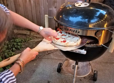 Neapolitan style pizza on the grill, Place pizza on stone on grill