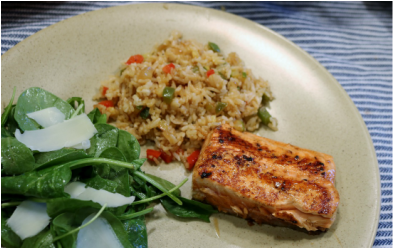 Grilled Ginger-Soy Arctic Char with Fried Rice and Mixed Greens with Shaved Parmesan