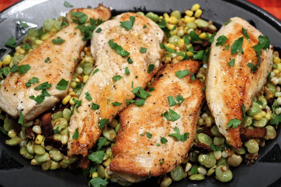 Pan-Seared Chicken Cutlets with Summer Corn Succotash
