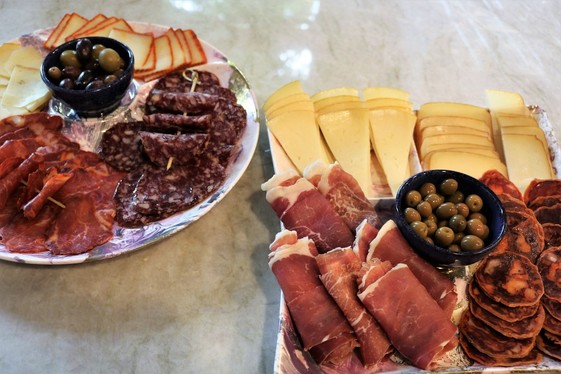 Spanish ham, cheese, and olives