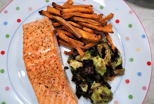 Oven Poached Salmon with Honey Balsamic Roasted Brussels Sprouts and Sweet Potato Fries