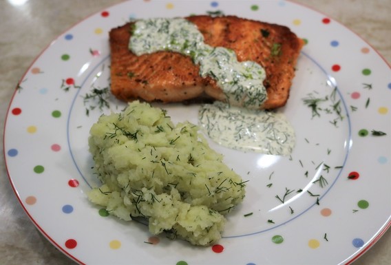 Pan-Seared Fjord Trout and Crushed Potatoes with Creamy Lime-Dill Sauce