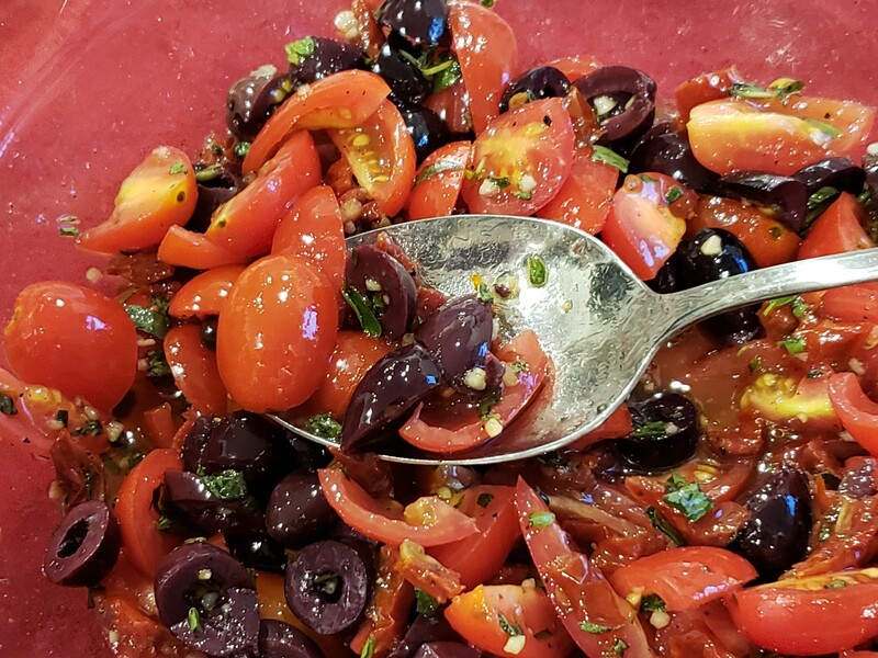 Roasted Black Sea Bass with Tomato Olive Salad