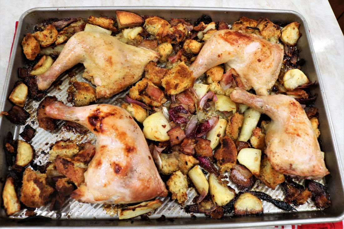 Sheet Pan Chicken with Sourdough and Bacon