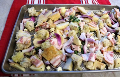 Sheet Pan Chicken with Sourdough and Bacon - Spread the mixture on a sheet pan