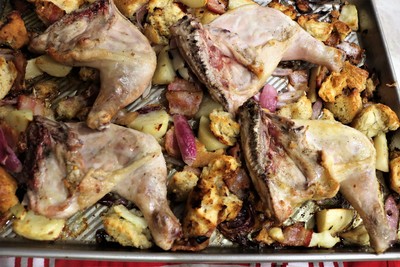 Sheet Pan Chicken with Sourdough and Bacon - Turn the chicken and stir the mixture twice while cooking