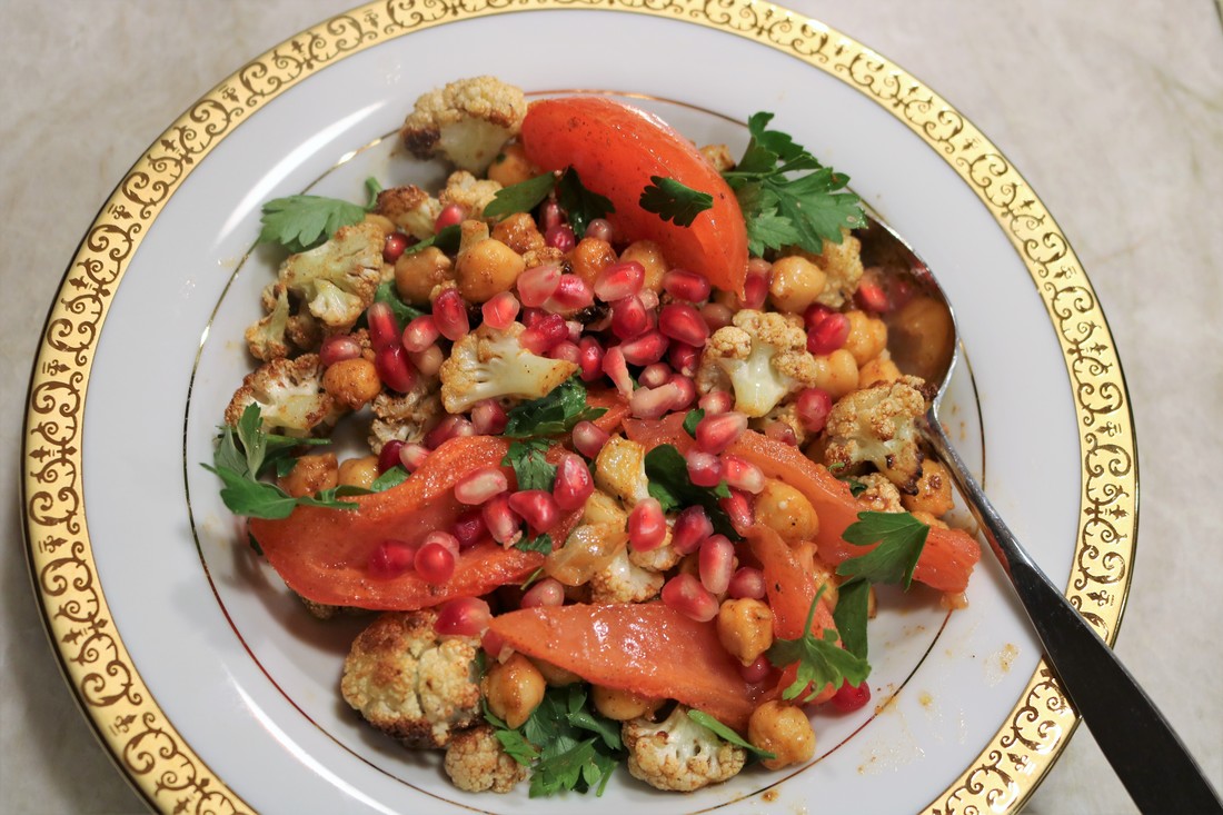 Warm Spiced Cauliflower with Chickpeas and Pomegranate Seeds